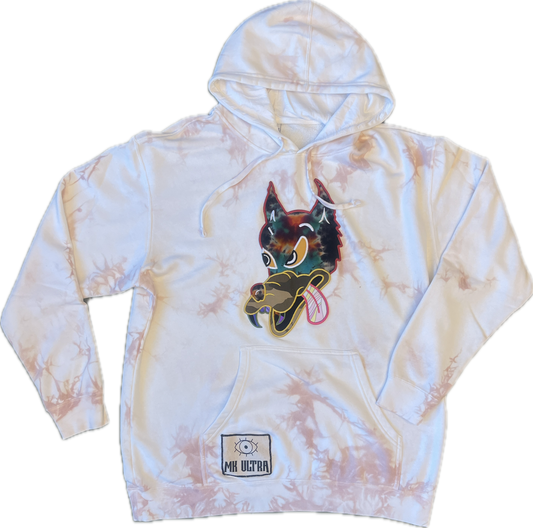 Tie-Dyed Hoodie with Wolf Appliqué and MK Ultra Patch, Size XL